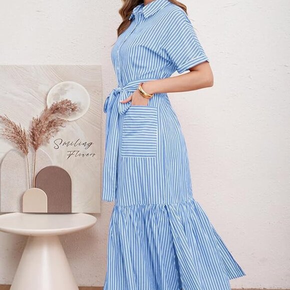 💙 Blue & White Striped Button-Down Maxi Dress w/ Tie Belt | L - Picture 3 of 5